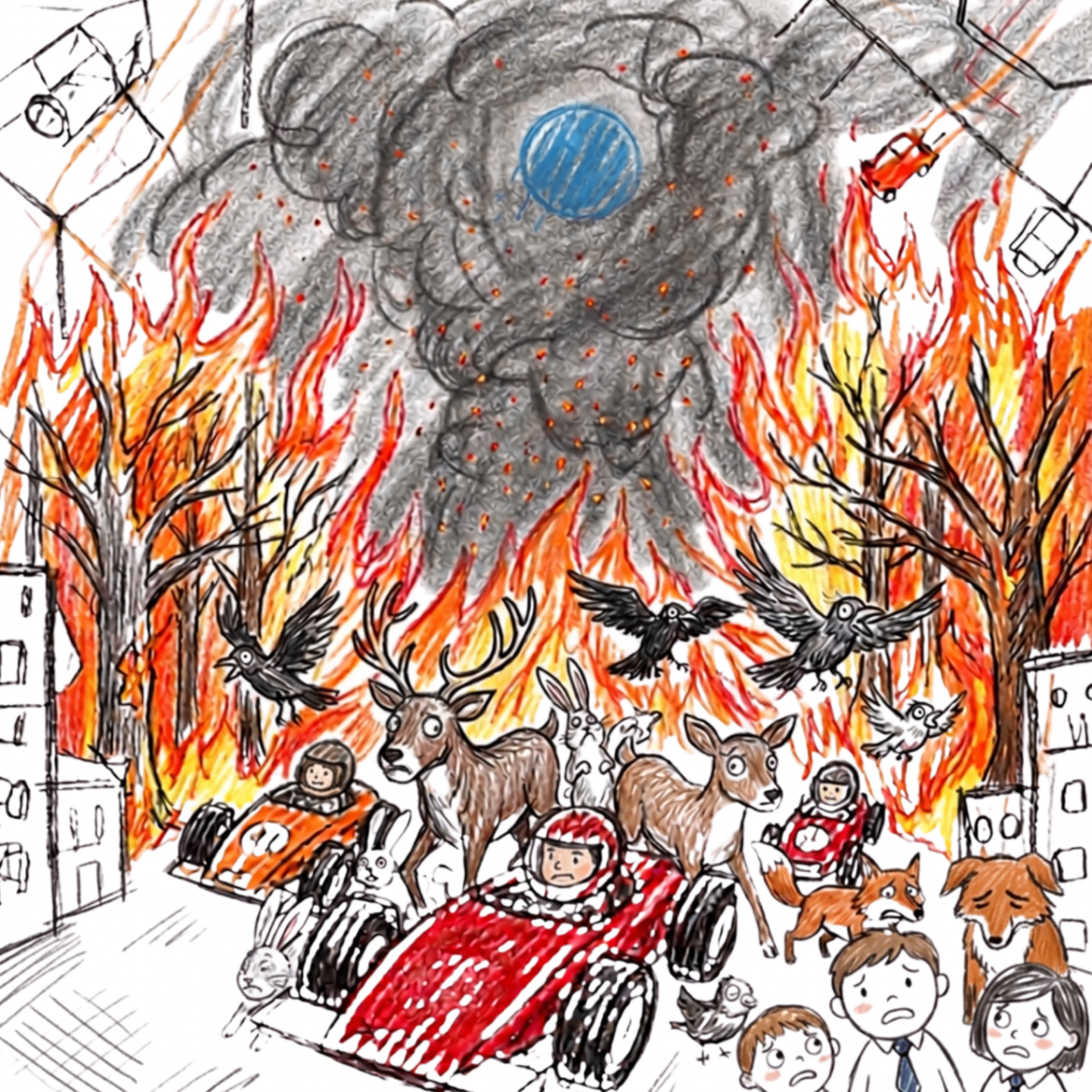 Voices of Tomorrow album artwork — a hand-drawn city and forest on fire, with racing cars, deer, rabbits, birds and children fleeing the flames